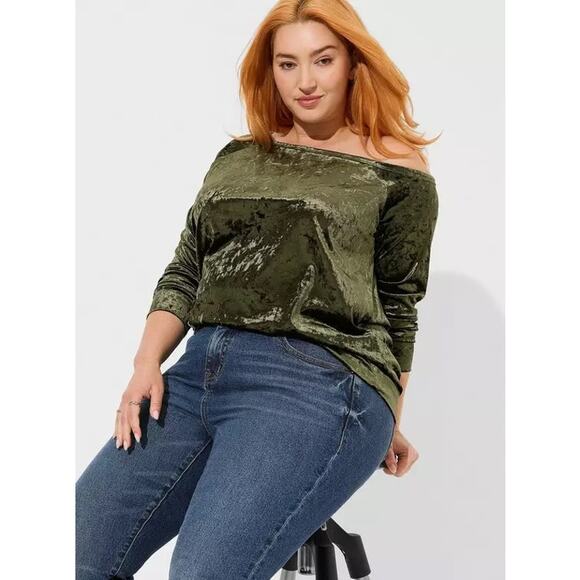 Torrid green crushed velvet off shoulder pullover sweatshirt top 1 plus size 1X - Picture 10 of 10